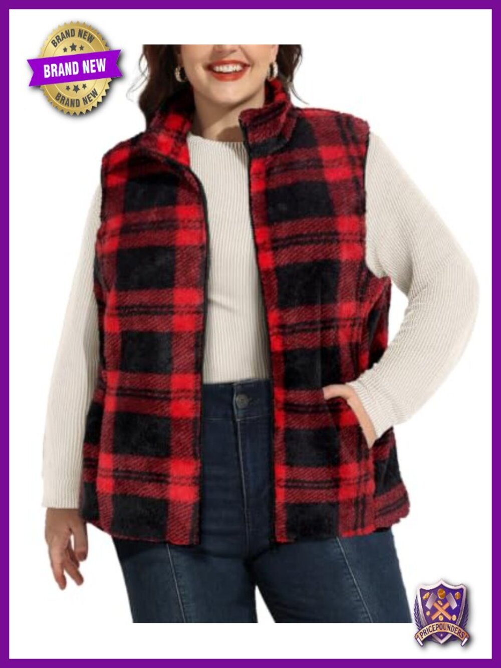 Plus Size Sherpa Fleece Vest Sleeveless Zip Up Outerwear with Pockets